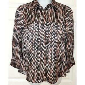 Estelle & Finn Womens Collared Long Sleeve Button Up Blouse Top Brown/Tan Geo